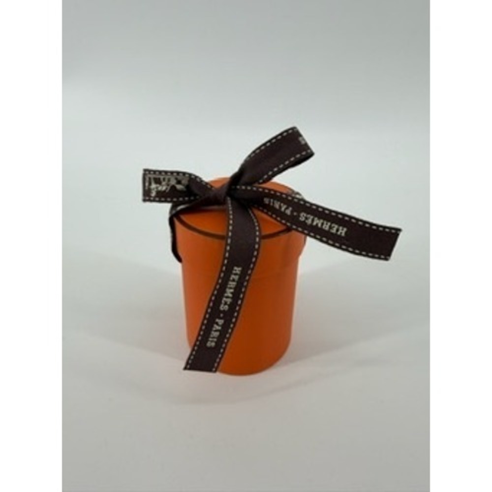 Hermes Orange Round Cylindrical Small Gift Box with Brown Logo Ribbon 3in x 2in